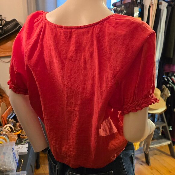 Red V-Neck cropped top blouse linen cotton size Large 12-14 - Picture 3 of 9